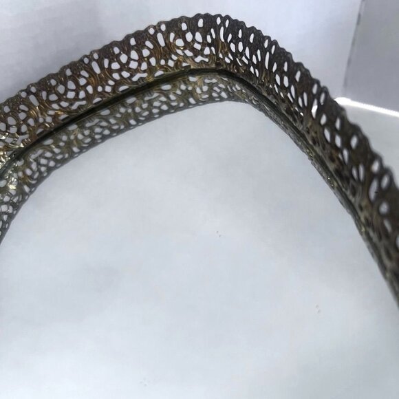 Vtg Oval Mirrored Vanity Tray Gold-tone Ornate Filigree Hollywood Regency 12X8" - Picture 5 of 15